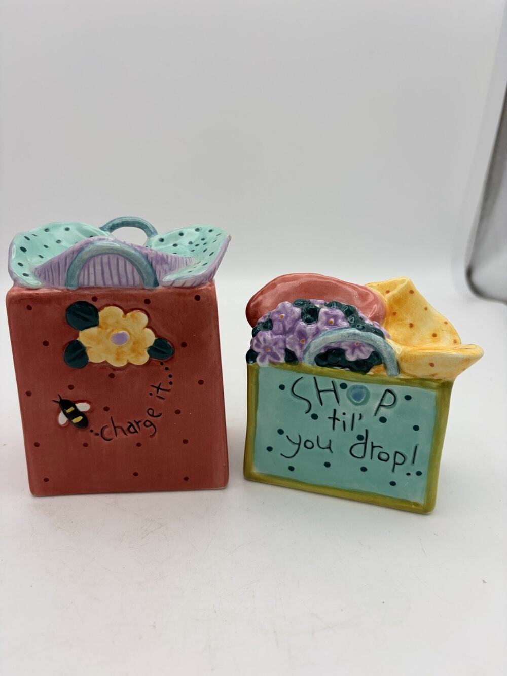 Sue Dreamer Enesco Shopping Bag Salt Pepper Shaker Set NOS Tags Shop Til Drop